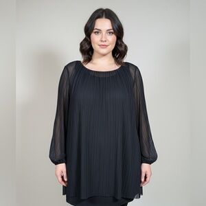 Terra Sky Black Pleated Mesh Layered Blouse Size 3X P2P 31-33”